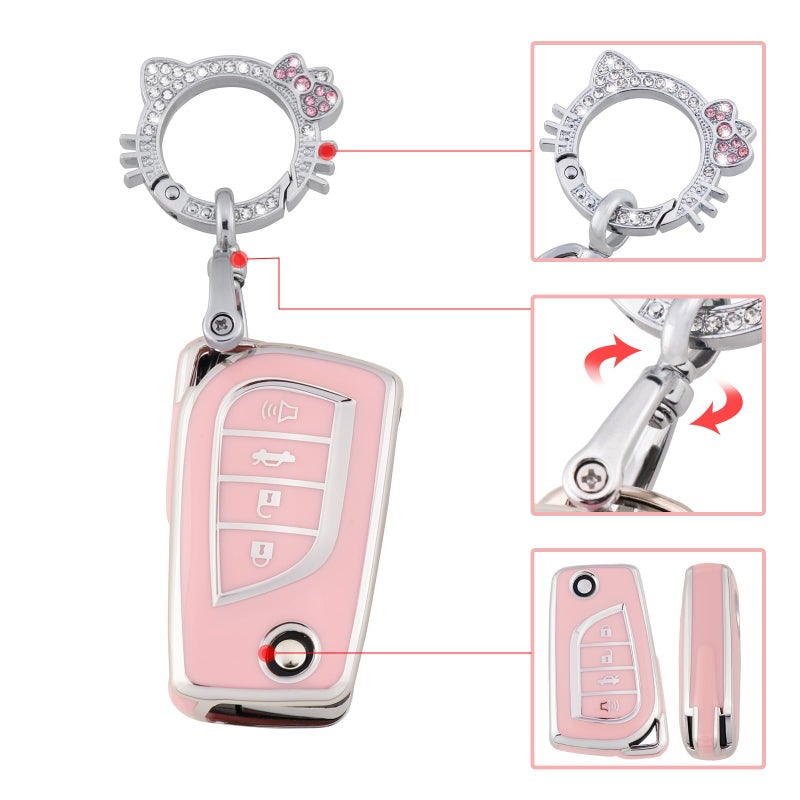 Pangpai Pink Key Fob Cover for Toyota, Soft TPU Key Case Protection with Bling Keychain Fit for Toyota Fortuner Tundra Camry RAV4 Highlander Corolla Smart Key Holder - Image 4